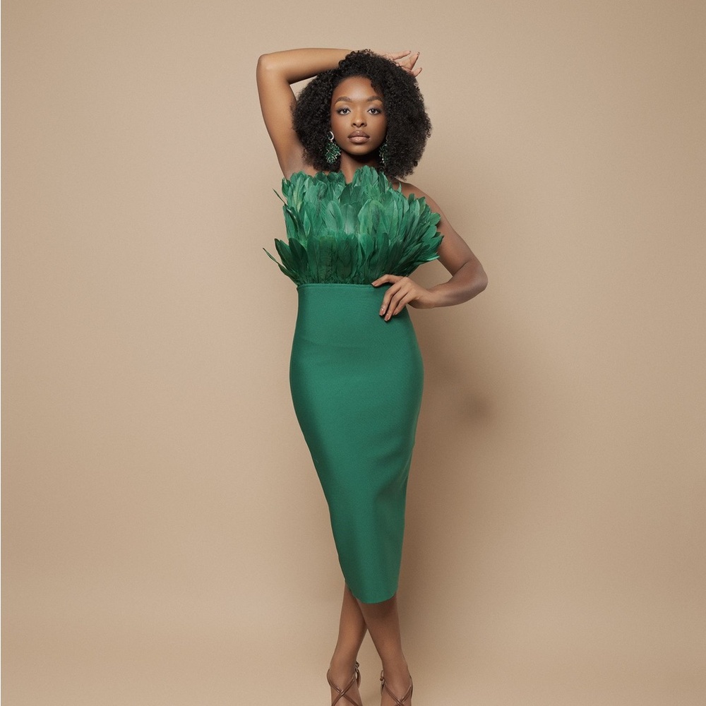 Green Feather Midi Dress
